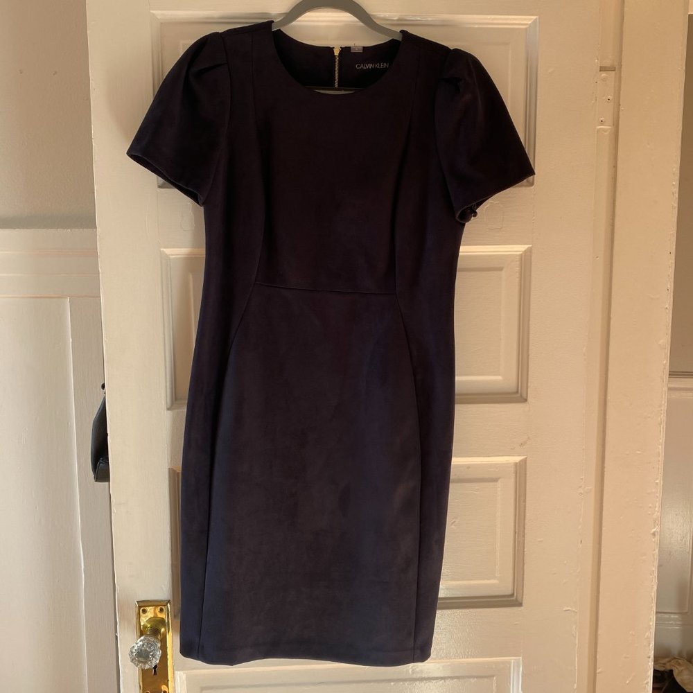 Calvin Klein Navy Scuba Suede Sheath Dress with Petal Sleeves - Size 12